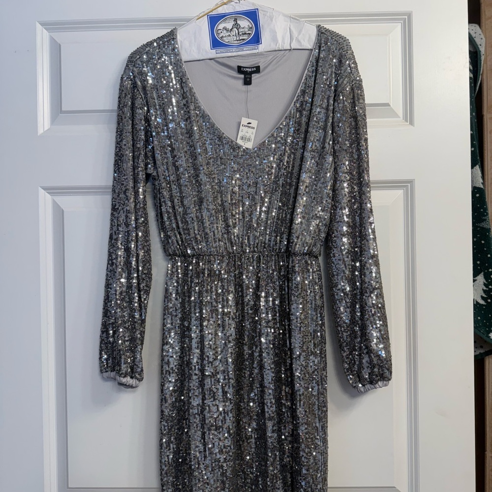 Express Silver Long Sleeve Sequin Dress